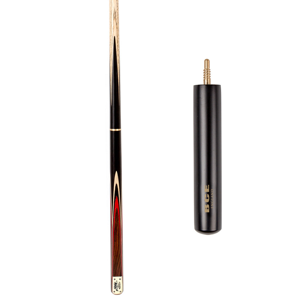 BCE 3 Piece Grand Master Snooker Cue and Hard Case 3/4 Cut- Layered Ebonised Black Wood Butt - 9.5mm Tip - 145cm - Black/ Red/ Natural