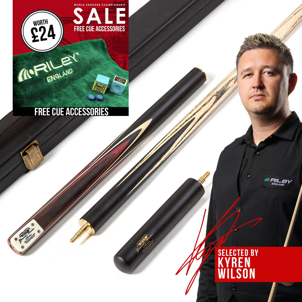 BCE 3 Piece Grand Master Snooker Cue - 3/4 Cut Cue - Layered Ebonised Black Wood Butt - 9.5mm Tip - 145cm - Black/ Red/ Natural