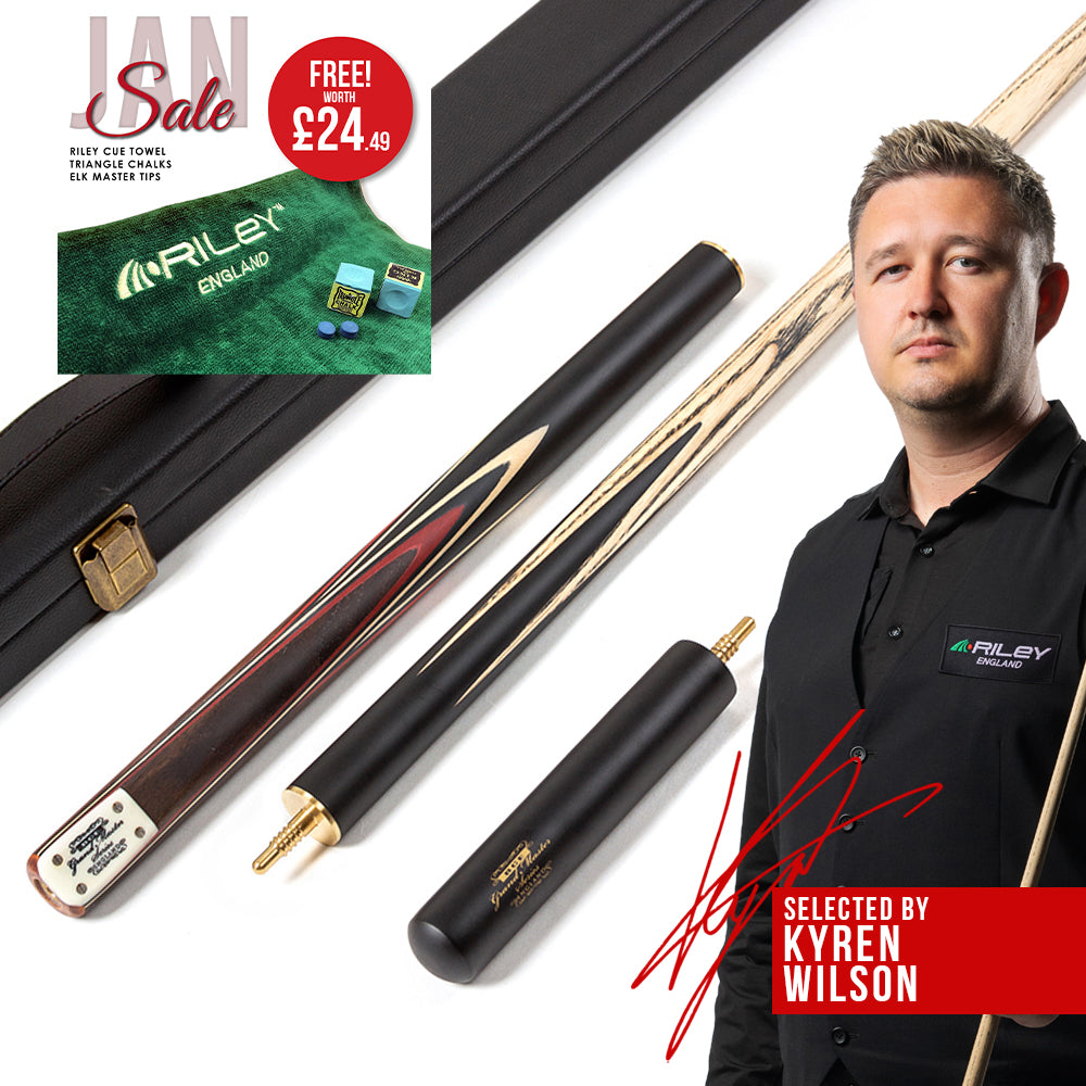 BCE 3 Piece Grand Master Snooker Cue - 3/4 Cut Cue - Layered Ebonised Black Wood Butt - 9.5mm Tip - 145cm - Black/ Red/ Natural