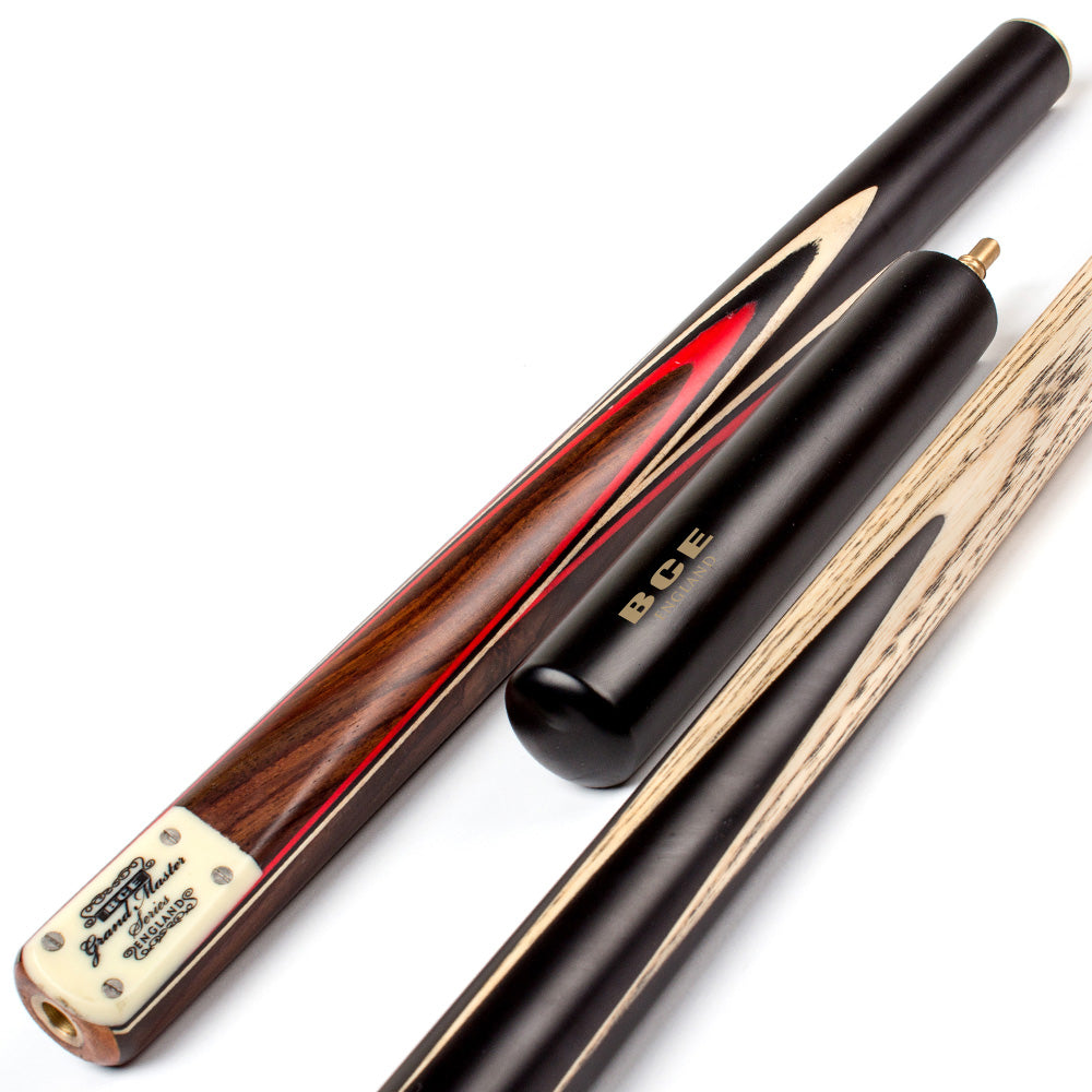 BCE 3 Piece Grand Master Snooker Cue and Hard Case 3/4 Cut- Layered Ebonised Black Wood Butt - 9.5mm Tip - 145cm - Black/ Red/ Natural