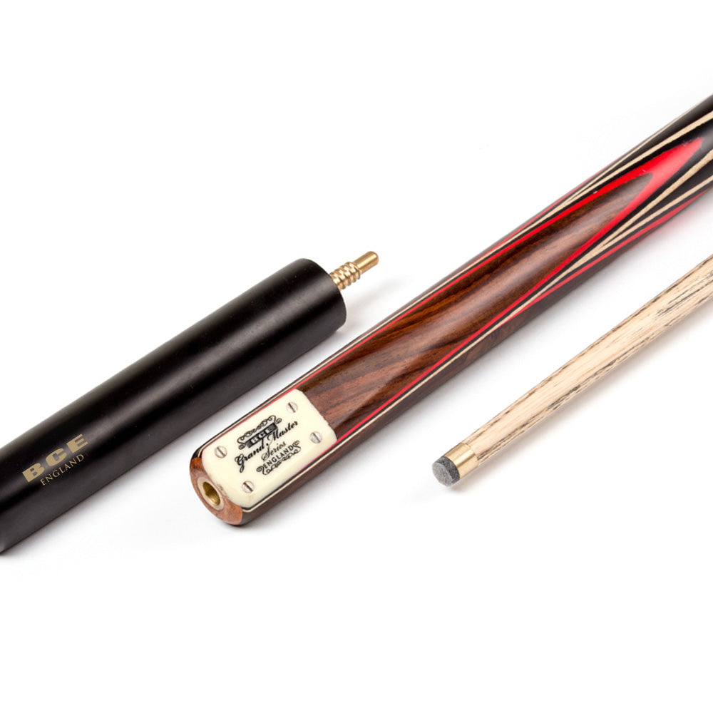 BCE 3 Piece Grand Master Snooker Cue and Hard Case 3/4 Cut- Layered Ebonised Black Wood Butt - 9.5mm Tip - 145cm - Black/ Red/ Natural