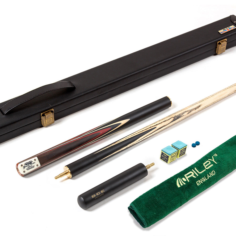 BCE 3 Piece Grand Master Snooker Cue and Hard Case 3/4 Cut- Layered Ebonised Black Wood Butt - 9.5mm Tip - 145cm - Black/ Red/ Natural