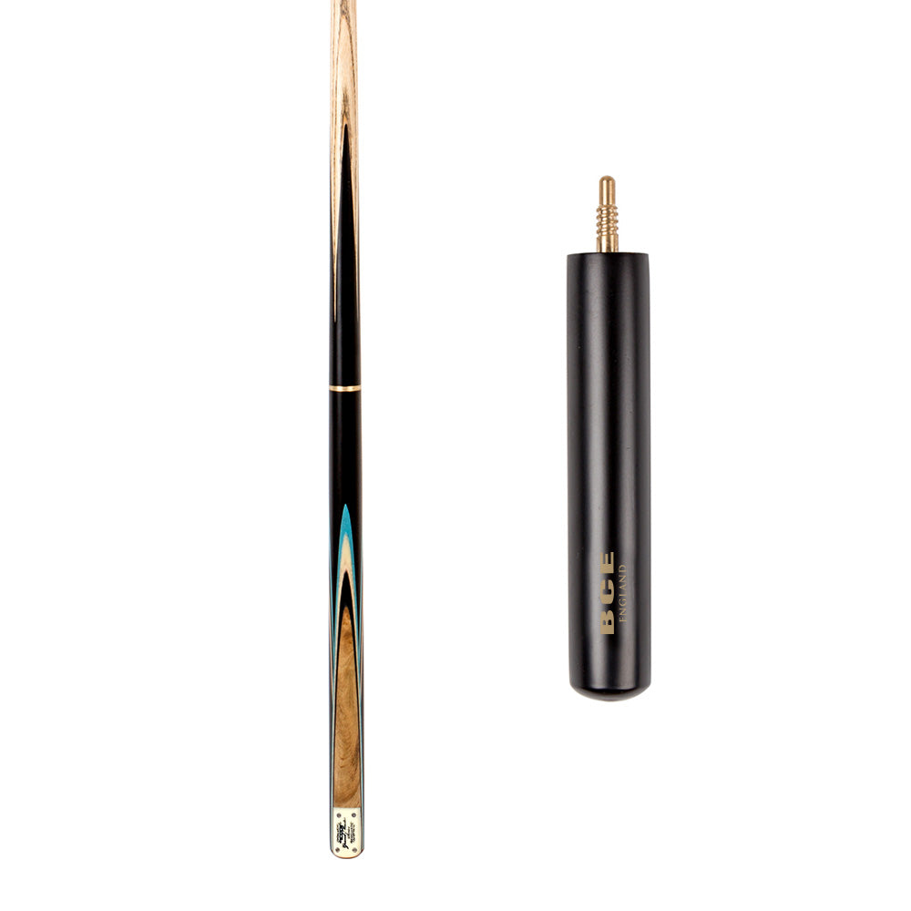 BCE 3 Piece Grand Master Snooker Cue and Hard Case 3/4 Cut- Layered Ebonised Black Wood Butt - 9.5mm Tip - 145cm - Black/ Blue/ Natural