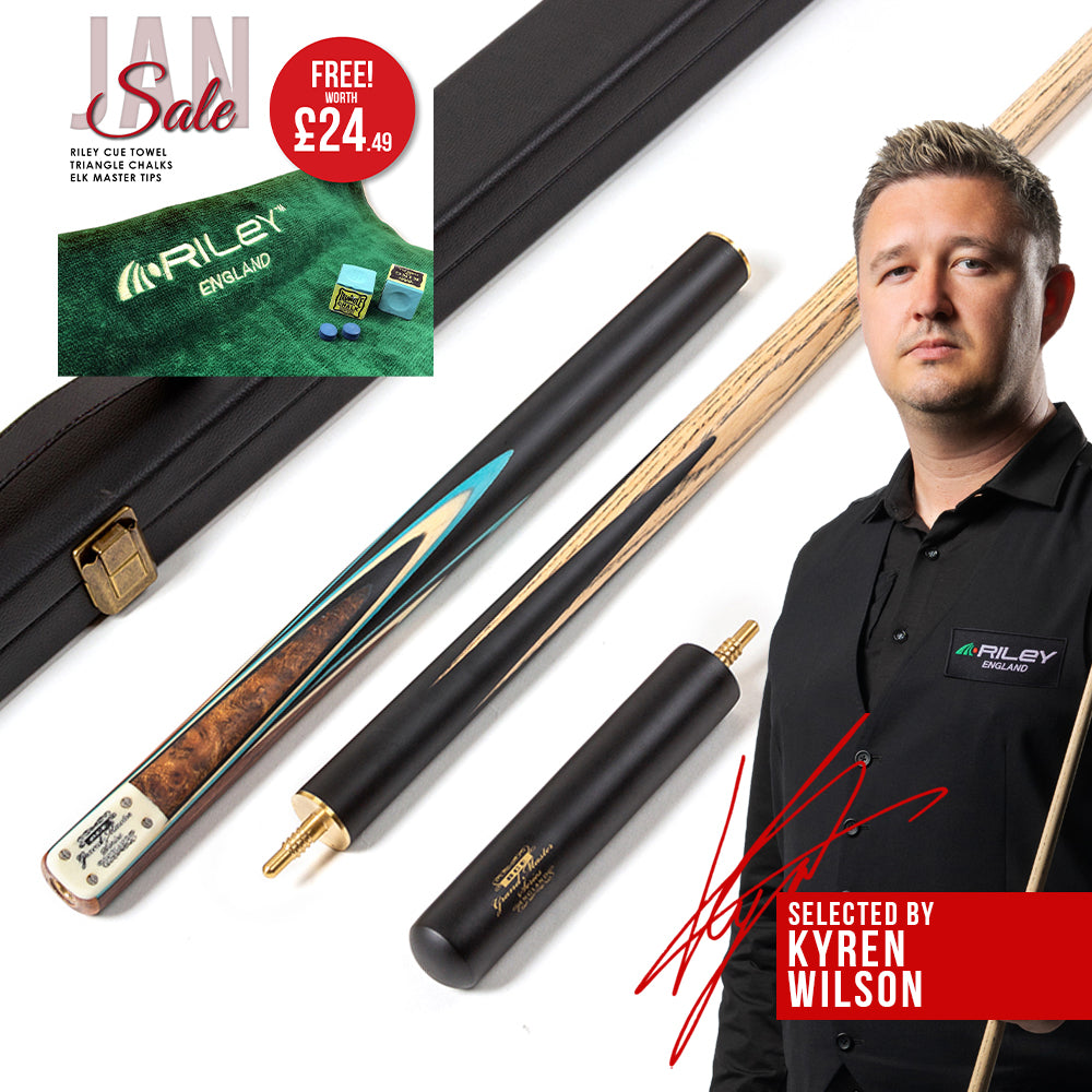 BCE 3 Piece Grand Master Snooker Cue - 3/4 Cut Cue - Layered Ebonised Black Wood Butt - 9.5mm Tip - 145cm - Black/ Blue/ Natural