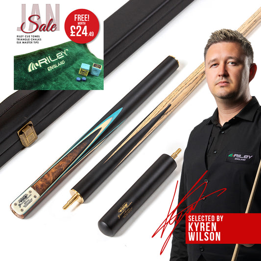 BCE 3 Piece Grand Master Snooker Cue - 3/4 Cut Cue - Layered Ebonised Black Wood Butt - 9.5mm Tip - 145cm - Black/ Blue/ Natural