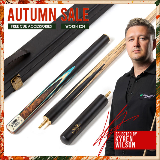 BCE 3 Piece Grand Master Snooker Cue - 3/4 Cut Cue - Layered Ebonised Black Wood Butt - 9.5mm Tip - 145cm - Black/ Blue/ Natural