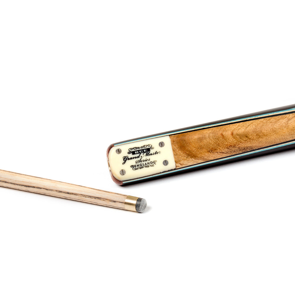 BCE 3 Piece Grand Master Snooker Cue and Hard Case 3/4 Cut- Layered Ebonised Black Wood Butt - 9.5mm Tip - 145cm - Black/ Blue/ Natural