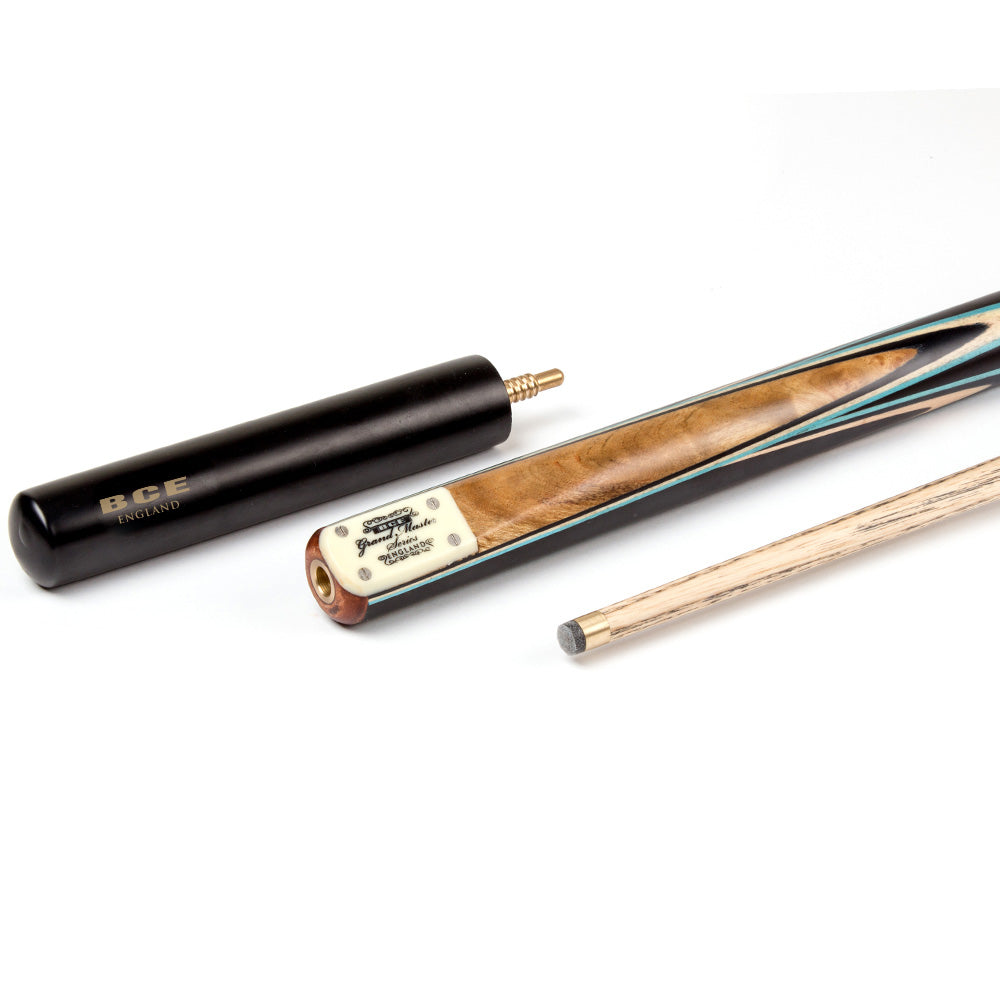 BCE 3 Piece Grand Master Snooker Cue and Hard Case 3/4 Cut- Layered Ebonised Black Wood Butt - 9.5mm Tip - 145cm - Black/ Blue/ Natural