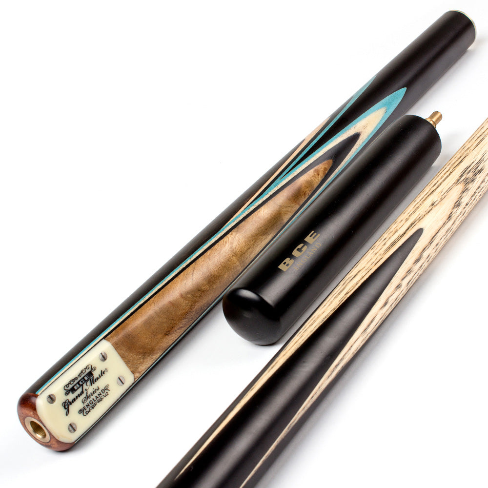 BCE 3 Piece Grand Master Snooker Cue and Hard Case 3/4 Cut- Layered Ebonised Black Wood Butt - 9.5mm Tip - 145cm - Black/ Blue/ Natural