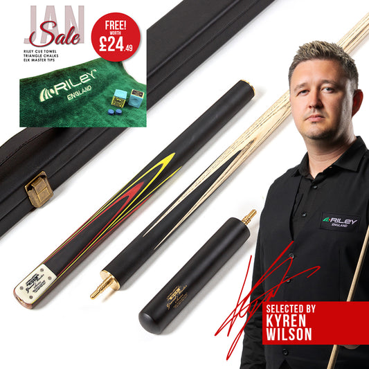 BCE 3 Piece Grand Master Snooker Cue - 3/4 Cut Cue - Layered Ebonised Black Wood Butt - 9.5mm Tip - 145cm - Black/Red/ Yellow