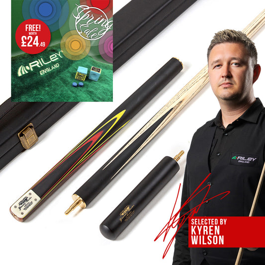 BCE 3 Piece Grand Master Snooker Cue - 3/4 Cut Cue - Layered Ebonised Black Wood Butt - 9.5mm Tip - 145cm - Black/Red/ Yellow
