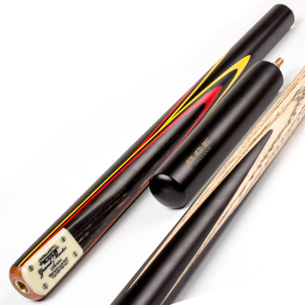 BCE 3 Piece Grand Master Snooker Cue - 3/4 Cut Cue - Layered Ebonised Black Wood Butt - 9.5mm Tip - 145cm - Black/Red/ Yellow
