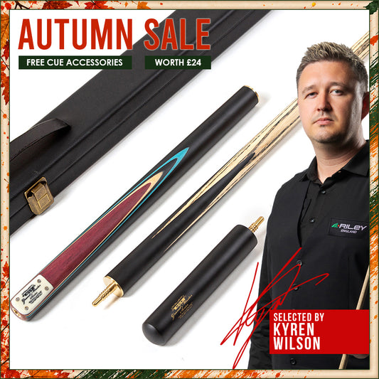 BCE 3 Piece Grand Master Snooker Cue - 3/4 Cut Cue - Layered Ebonised Black Wood Butt - 9.5mm Tip - 145cm - Black/Natural/ Blue