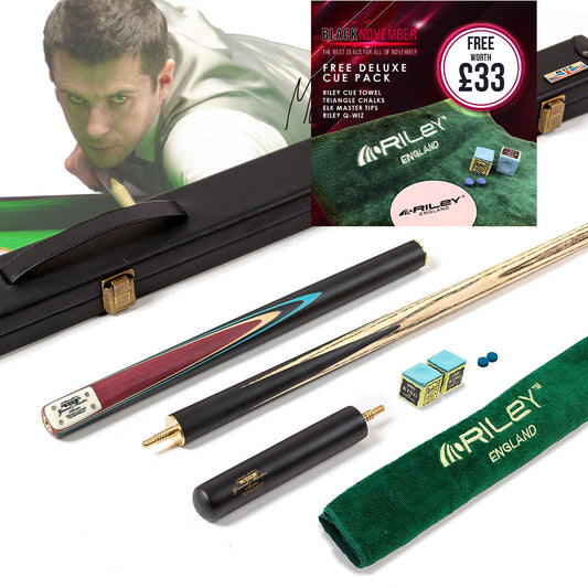 BCE 3 Piece Grand Master Snooker Cue - 3/4 Cut Cue - Layered Ebonised Black Wood Butt - 9.5mm Tip - 145cm - Black/Natural/ Blue