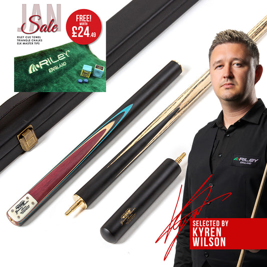 BCE 3 Piece Grand Master Snooker Cue - 3/4 Cut Cue - Layered Ebonised Black Wood Butt - 9.5mm Tip - 145cm - Black/Natural/ Blue