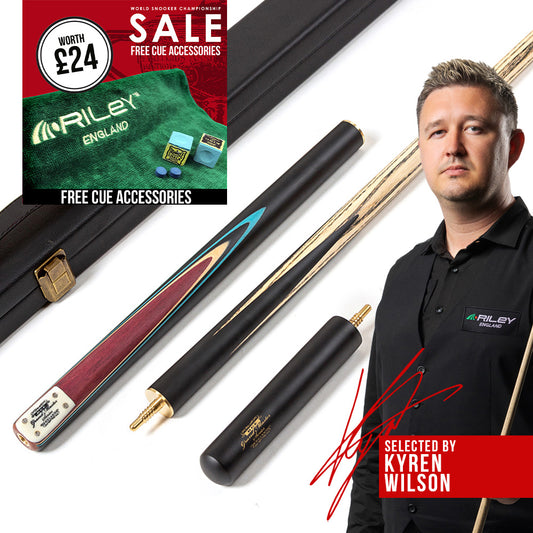 BCE 3 Piece Grand Master Snooker Cue - 3/4 Cut Cue - Layered Ebonised Black Wood Butt - 9.5mm Tip - 145cm - Black/Natural/ Blue