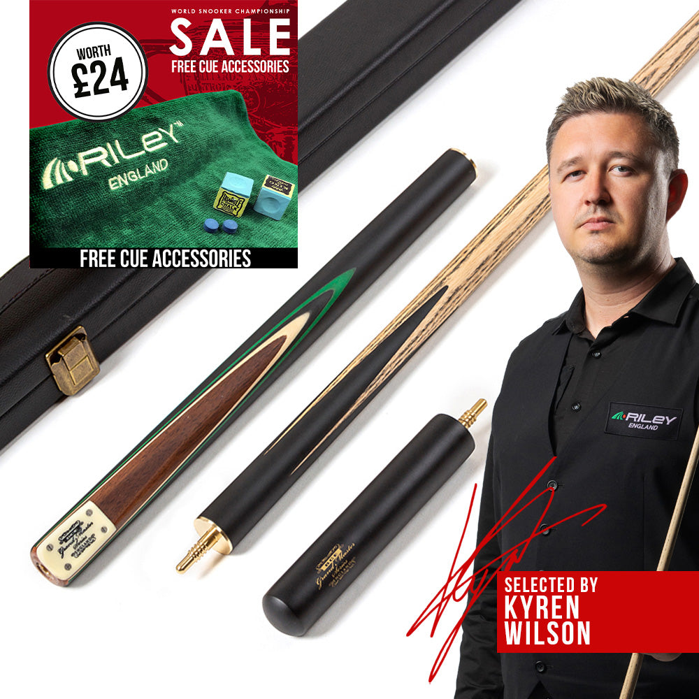 BCE 3 Piece Grand Master Snooker Cue - 3/4 Cut- Layered Ebonised Black Wood Butt  - 9.5mm Tip - 145cm - Black/Natural/ Green