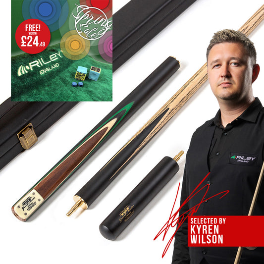 BCE 3 Piece Grand Master Snooker Cue and Hard Case 3/4 Cut- Layered Ebonised Black Wood Butt  - 9.5mm Tip - 145cm - Black/Natural/ Green