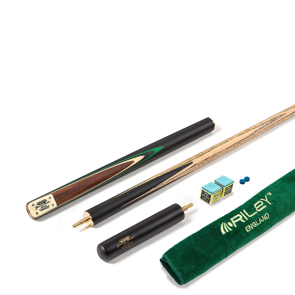BCE 3 Piece Grand Master Snooker Cue and Hard Case 3/4 Cut- Layered Ebonised Black Wood Butt  - 9.5mm Tip - 145cm - Black/Natural/ Green
