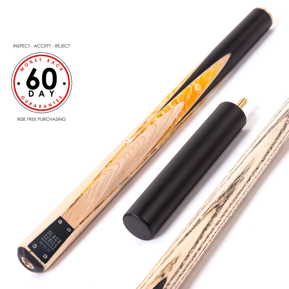 BCE Black Series - Mark Selby - 3 Piece Snooker Cue - 3/4 Cut - Layered Ebonised Black Wood Butt - 9.5mm Tip - 145cm - Black/ Yellow and White Marbleised Resin / Natural Wood