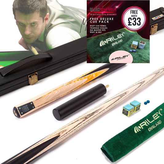 BCE Black Series - Mark Selby - 3 Piece Snooker Cue - 3/4 Cut - Layered Ebonised Black Wood Butt - 9.5mm Tip - 145cm - Black/ Yellow and White Marbleised Resin / Natural Wood