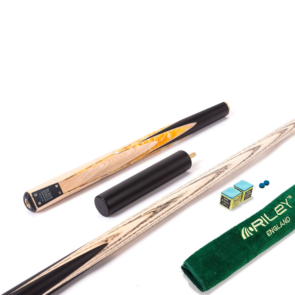 BCE Black Series - Mark Selby - 3 Piece Snooker Cue - 3/4 Cut - Layered Ebonised Black Wood Butt - 9.5mm Tip - 145cm - Black/ Yellow and White Marbleised Resin / Natural Wood
