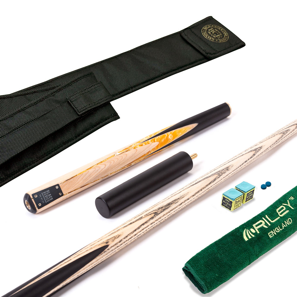 BCE Black Series - Mark Selby - 3 Piece Snooker Cue - 3/4 Cut - Layered Ebonised Black Wood Butt - 9.5mm Tip - 145cm - Black/ Yellow and White Marbleised Resin / Natural Wood