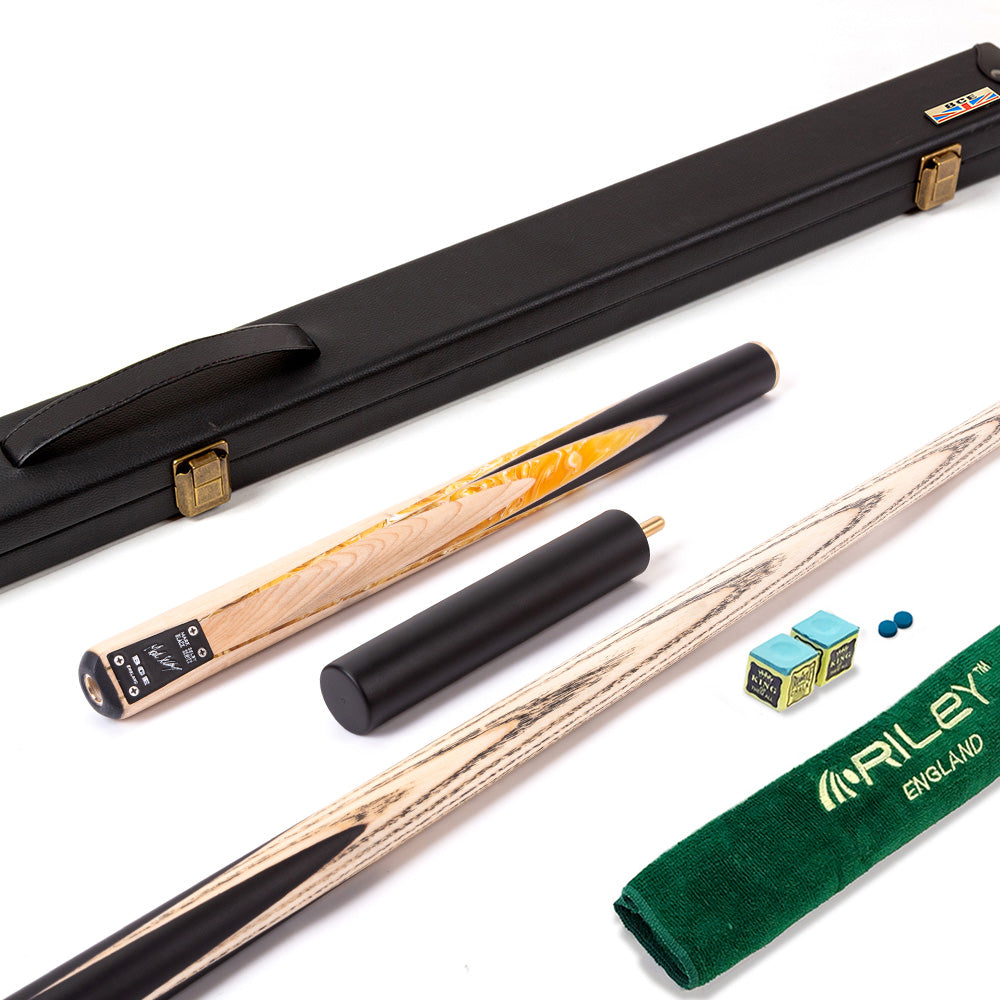 BCE Black Series - 3 Piece Snooker Cue - 3/4 Cut - Layered Ebonised Black Wood Butt - 9.5mm Tip - 145cm - Black/ Yellow and White Marbleised Resin / Natural Wood