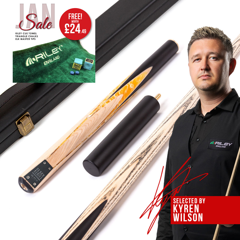 BCE Black Series - 3 Piece Snooker Cue - 3/4 Cut - Layered Ebonised Black Wood Butt - 9.5mm Tip - 145cm - Black/ Yellow and White Marbleised Resin / Natural Wood