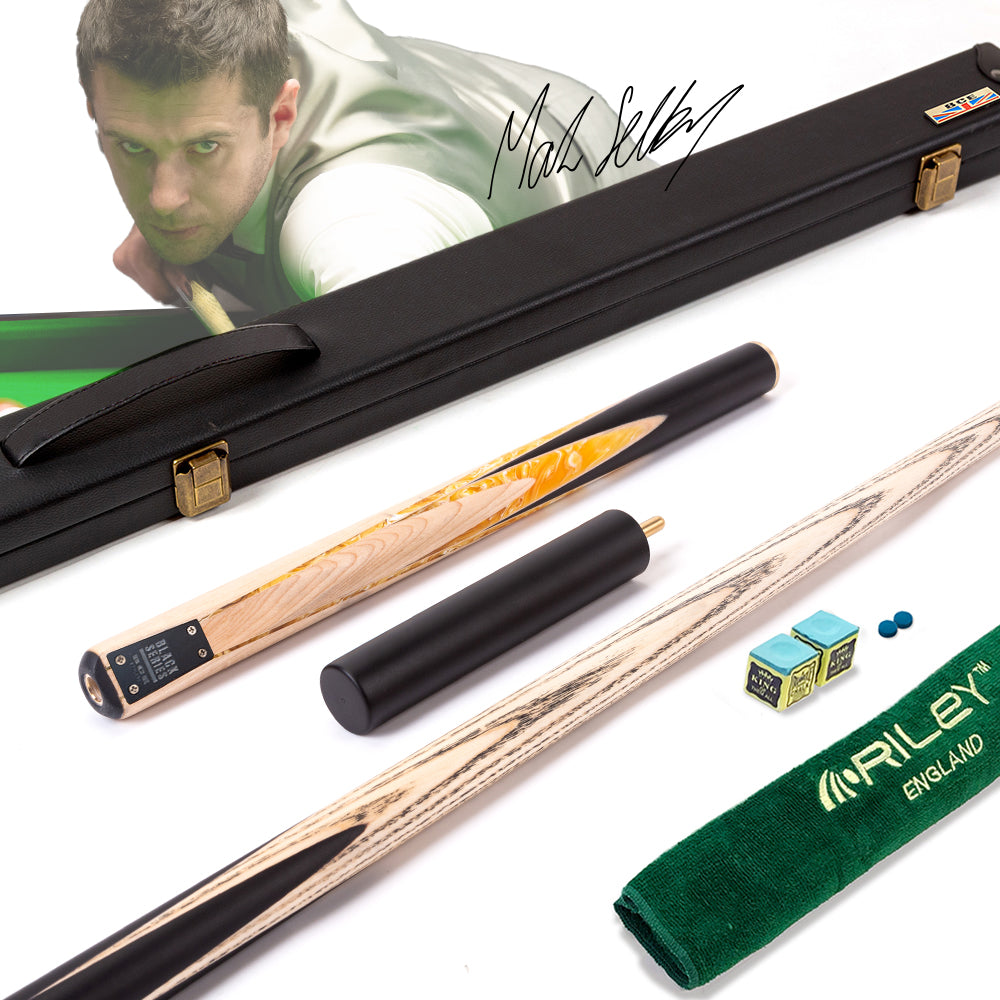 BCE Black Series - Mark Selby - 3 Piece Snooker Cue - 3/4 Cut - Layered Ebonised Black Wood Butt - 9.5mm Tip - 145cm - Black/ Yellow and White Marbleised Resin / Natural Wood