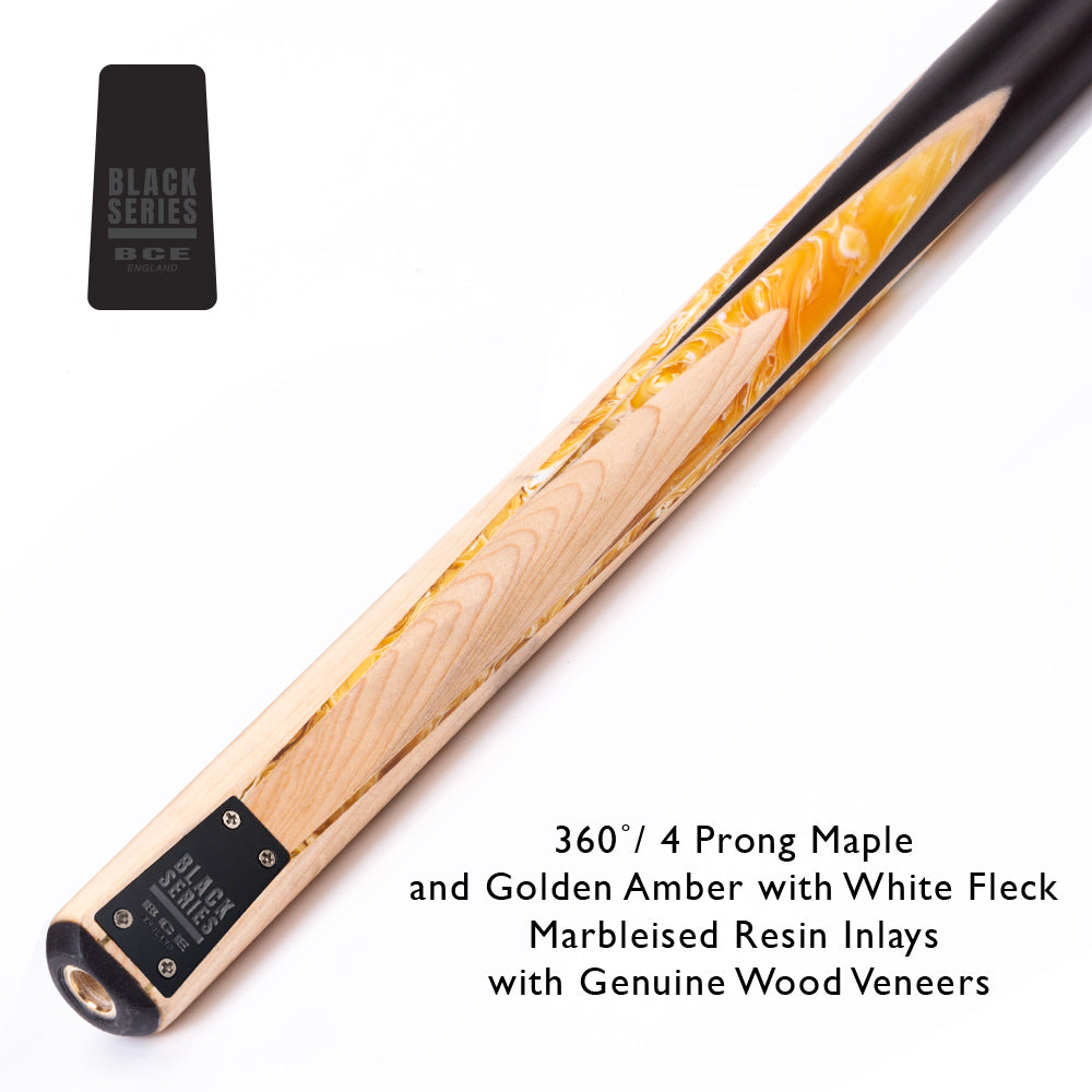 BCE Black Series - Mark Selby - 3 Piece Snooker Cue - 3/4 Cut - Layered Ebonised Black Wood Butt - 9.5mm Tip - 145cm - Black/ Yellow and White Marbleised Resin / Natural Wood
