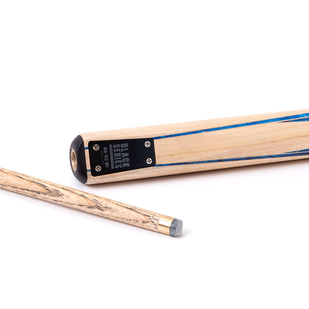 BCE Black Series - Mark Selby - 3 Piece Snooker Cue - 3/4 Cut - Layered Ebonised Black Wood Butt - 9.5mm Tip - 145cm - Black/ Blue and White Marbleised Resin / Natural Wood