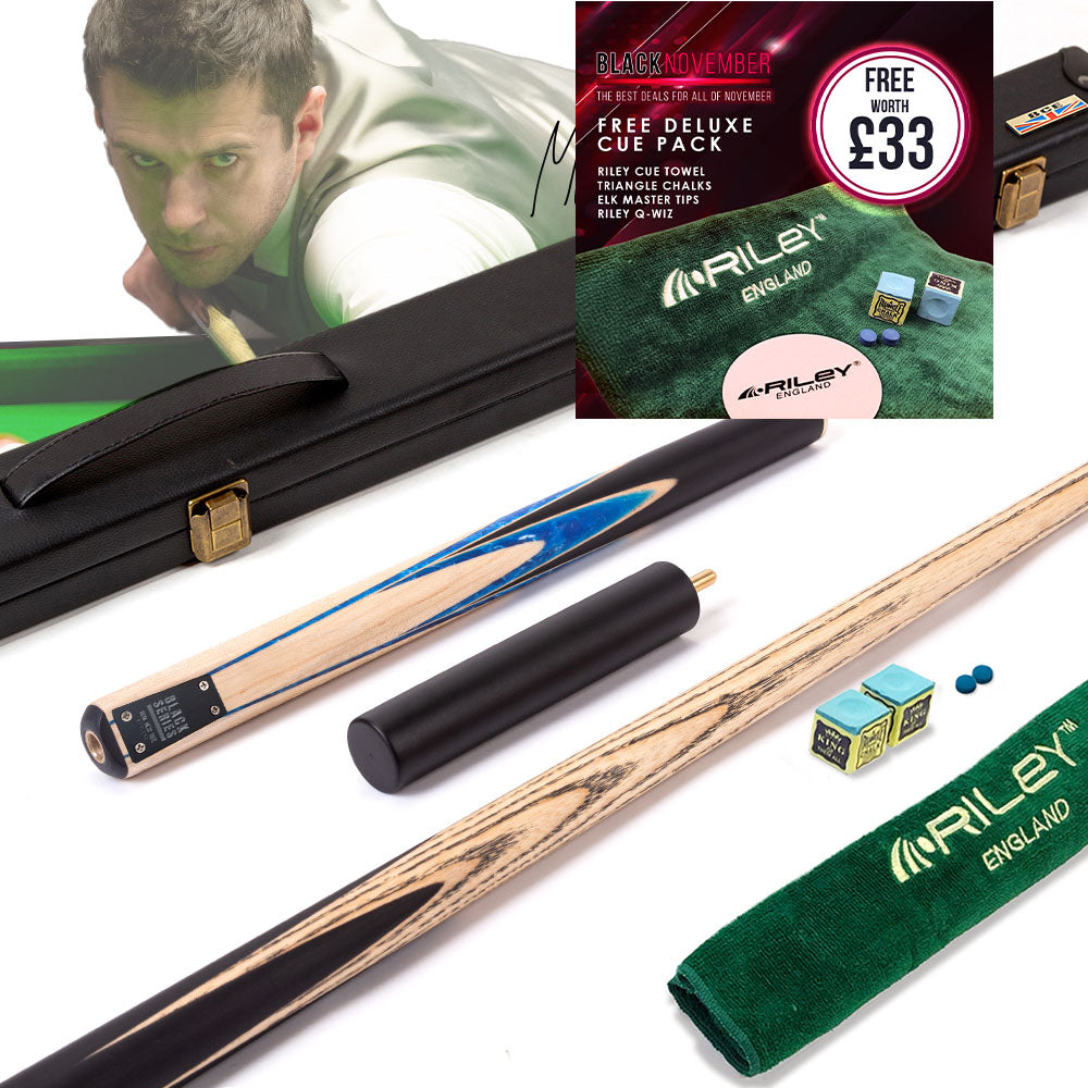 BCE Black Series - Mark Selby - 3 Piece Snooker Cue - 3/4 Cut - Layered Ebonised Black Wood Butt - 9.5mm Tip - 145cm - Black/ Blue and White Marbleised Resin / Natural Wood