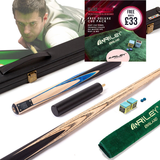 BCE Black Series - Mark Selby - 3 Piece Snooker Cue - 3/4 Cut - Layered Ebonised Black Wood Butt - 9.5mm Tip - 145cm - Black/ Blue and White Marbleised Resin / Natural Wood