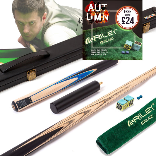 BCE Black Series - Mark Selby - 3 Piece Snooker Cue - 3/4 Cut - Layered Ebonised Black Wood Butt - 9.5mm Tip - 145cm - Black/ Blue and White Marbleised Resin / Natural Wood