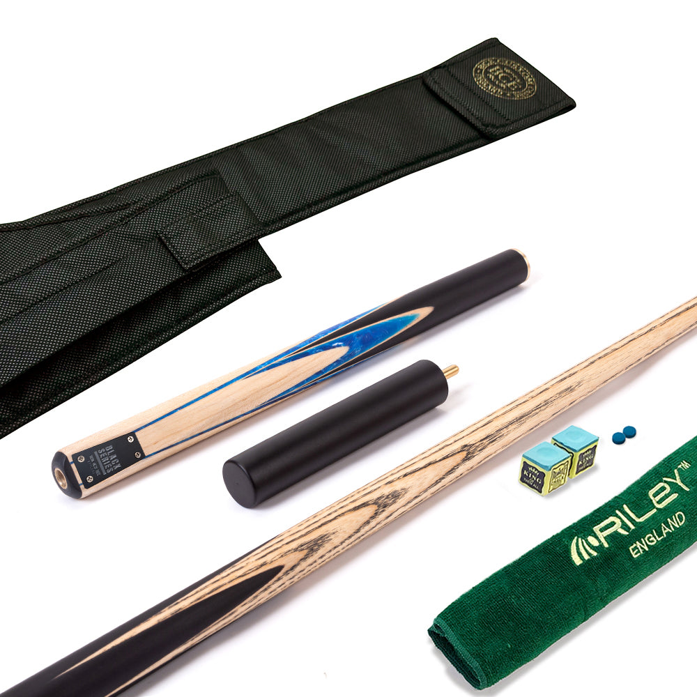 BCE Black Series - Mark Selby - 3 Piece Snooker Cue - 3/4 Cut - Layered Ebonised Black Wood Butt - 9.5mm Tip - 145cm - Black/ Blue and White Marbleised Resin / Natural Wood