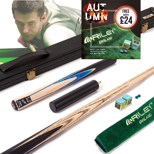BCE Black Series - Mark Selby - 3 Piece Snooker Cue - 3/4 Cut - Layered Ebonised Black Wood Butt - 9.5mm Tip - 145cm - Black/ Blue and White Marbleised Resin / Natural Wood