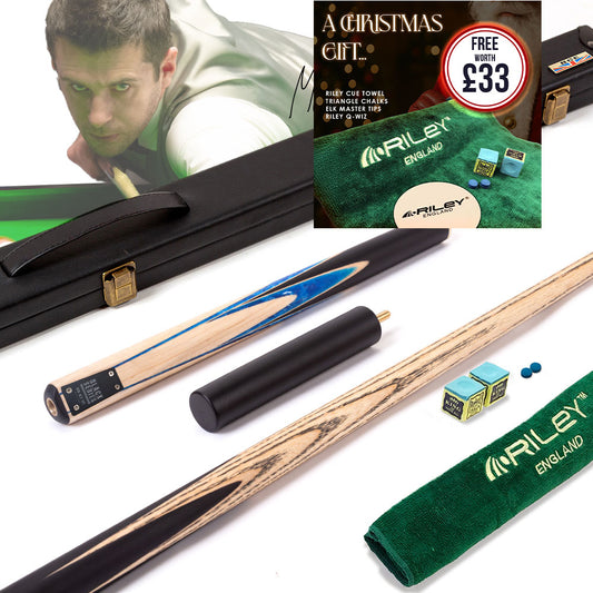 BCE Black Series - Mark Selby - 3 Piece Snooker Cue - 3/4 Cut - Layered Ebonised Black Wood Butt - 9.5mm Tip - 145cm - Black/ Blue and White Marbleised Resin / Natural Wood
