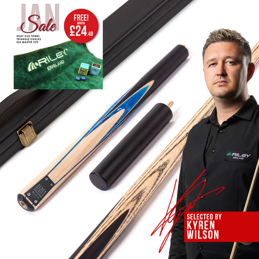 BCE Black Series - 3 Piece Snooker Cue - 3/4 Cut - Layered Ebonised Black Wood Butt - 9.5mm Tip - 145cm - Black/ Blue and White Marbleised Resin / Natural Wood