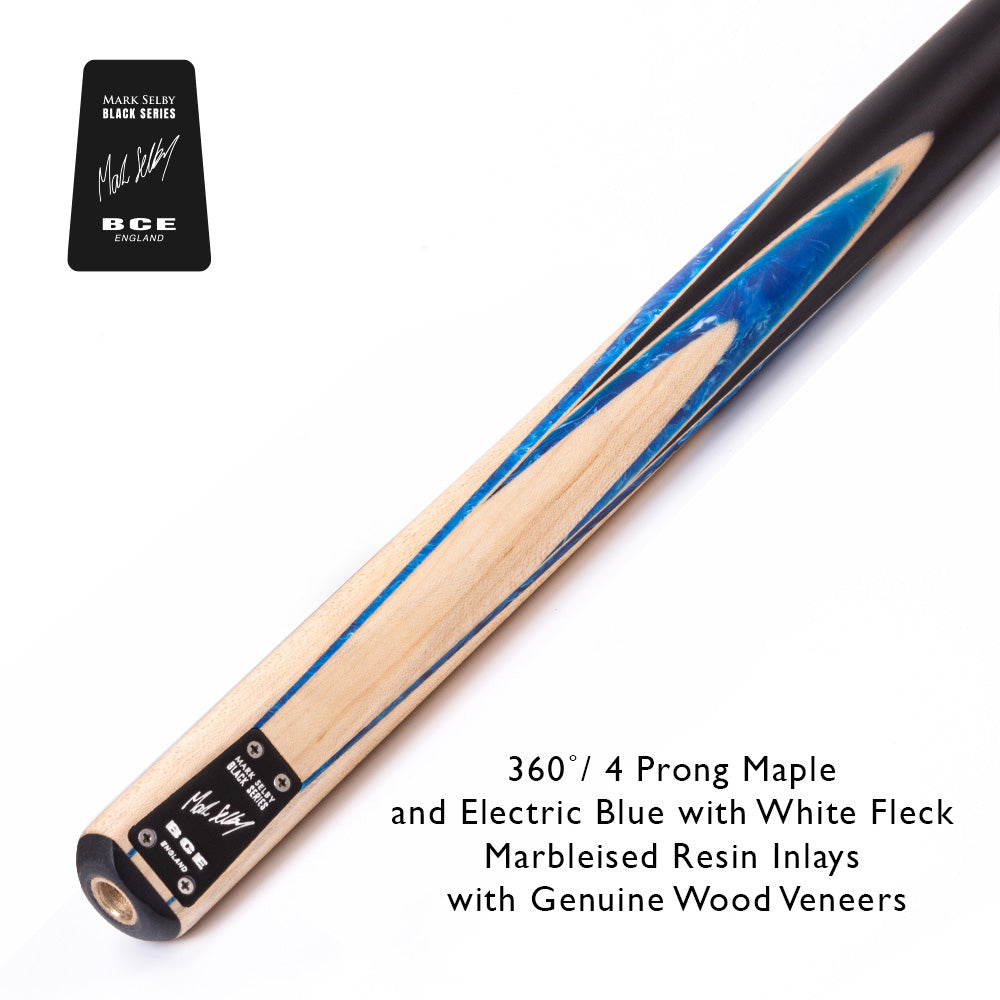 BCE Black Series - Mark Selby - 3 Piece Snooker Cue and Hard Case - 3/4 Cut Cue - Ebony Butt- 9.5mm Tip - 145cm - Black/ Blue and White Marbleised Resin / Natural Wood