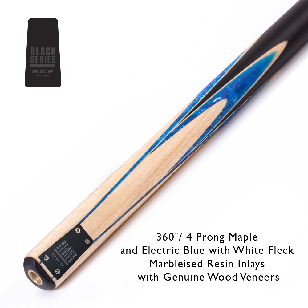 BCE Black Series - Mark Selby - 3 Piece Snooker Cue - 3/4 Cut - Layered Ebonised Black Wood Butt - 9.5mm Tip - 145cm - Black/ Blue and White Marbleised Resin / Natural Wood