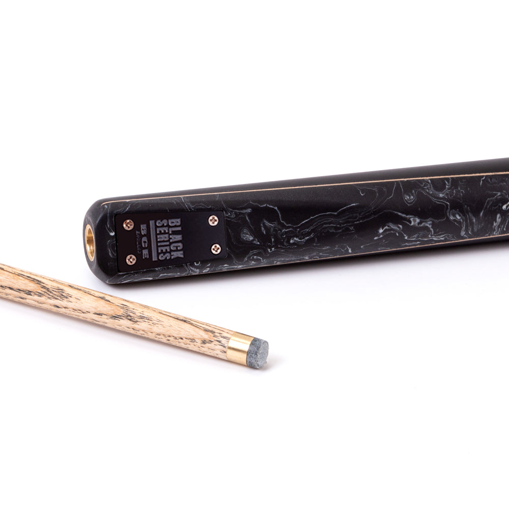 BCE Black Series - Mark Selby - 3 Piece Snooker Cue - 3/4 Cut Cue - Layered Ebonised Black Wood Butt - 9.5mm Tip - 145cm - Black/ Black and White Marbleised Resin