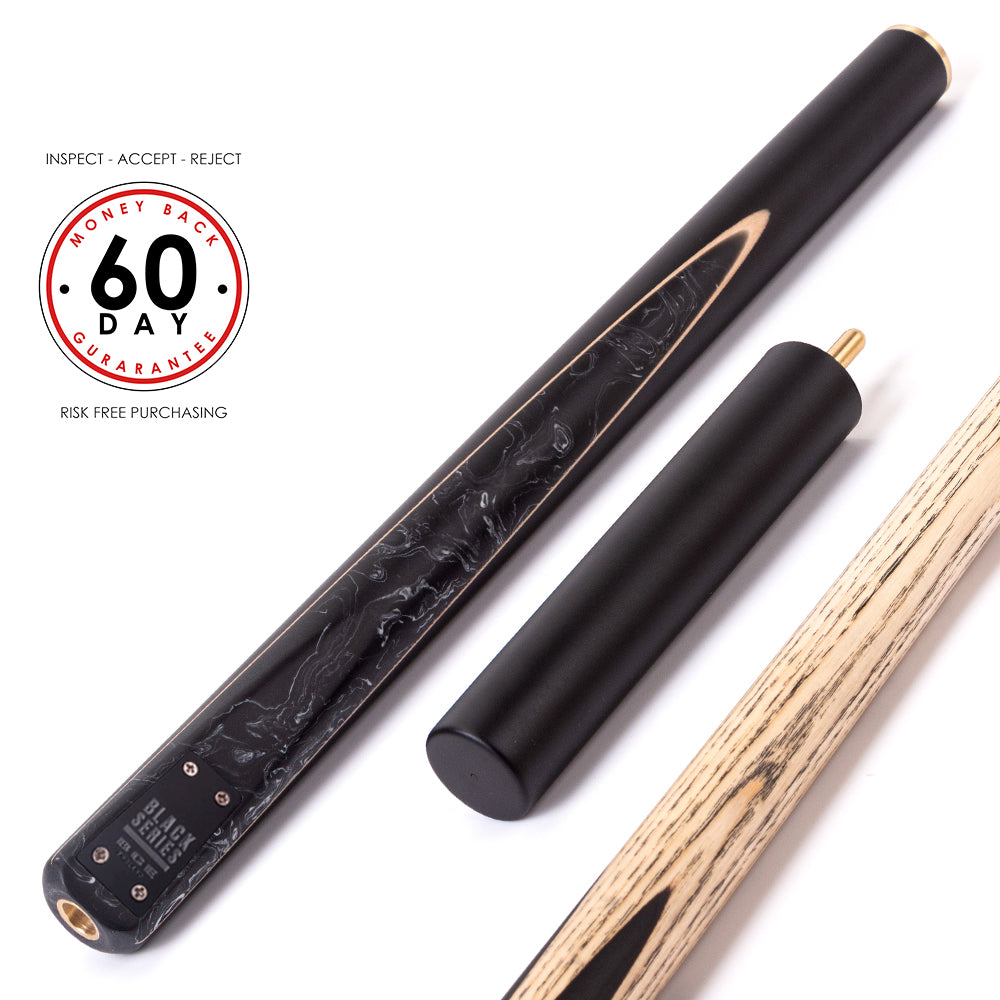 BCE Black Series - Mark Selby - 3 Piece Snooker Cue - 3/4 Cut Cue - Layered Ebonised Black Wood Butt - 9.5mm Tip - 145cm - Black/ Black and White Marbleised Resin