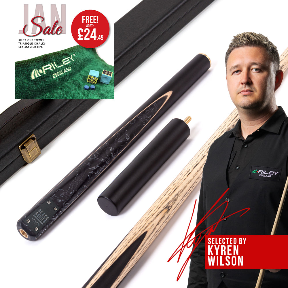 BCE Black Series - 3 Piece Snooker Cue - 3/4 Cut Cue - Layered Ebonised Black Wood Butt - 9.5mm Tip - 145cm - Black/ Black and White Marbleised Resin