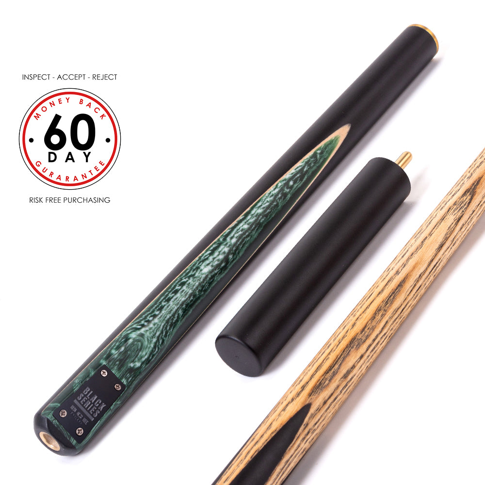 BCE Black Series - Mark Selby - 3 Piece Snooker Cue - 3/4 Cut Cue - Layered Ebonised Black Wood Butt - 9.5mm Tip - 145cm - Black/ Green and White Marbleised Resin