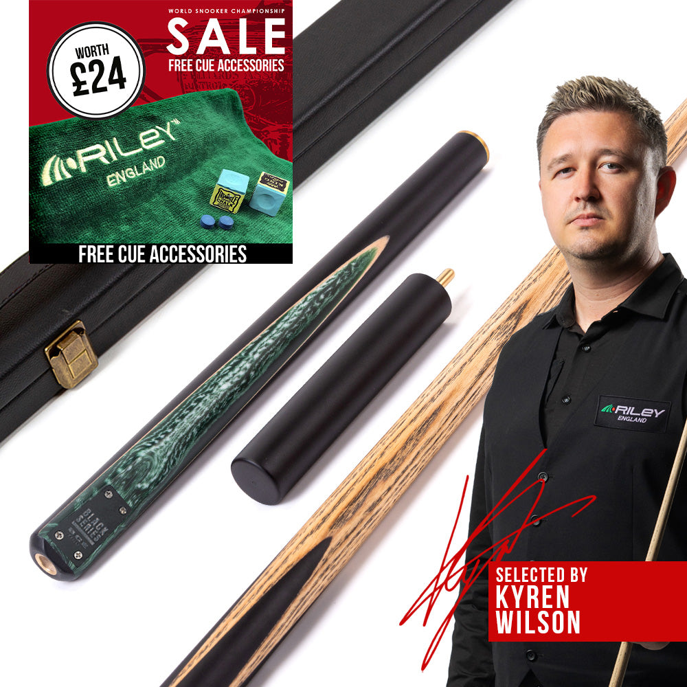 BCE Black Series - 3 Piece Snooker Cue - 3/4 Cut Cue - Layered Ebonised Black Wood Butt - 9.5mm Tip - 145cm - Black/ Green and White Marbleised Resin
