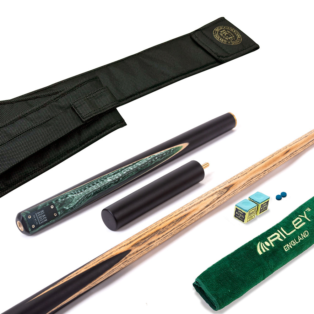 BCE Black Series - Mark Selby - 3 Piece Snooker Cue - 3/4 Cut Cue - Layered Ebonised Black Wood Butt - 9.5mm Tip - 145cm - Black/ Green and White Marbleised Resin