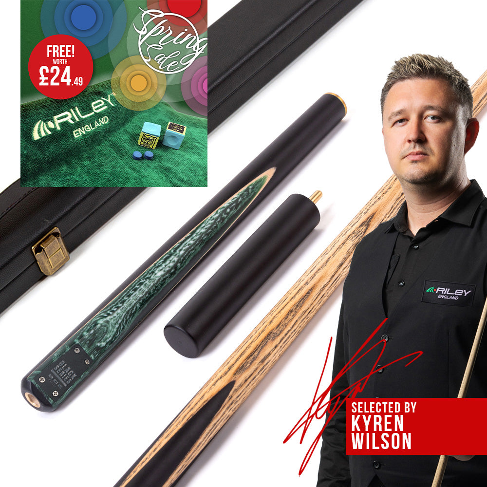BCE Black Series - 3 Piece Snooker Cue - 3/4 Cut Cue - Layered Ebonised Black Wood Butt - 9.5mm Tip - 145cm - Black/ Green and White Marbleised Resin
