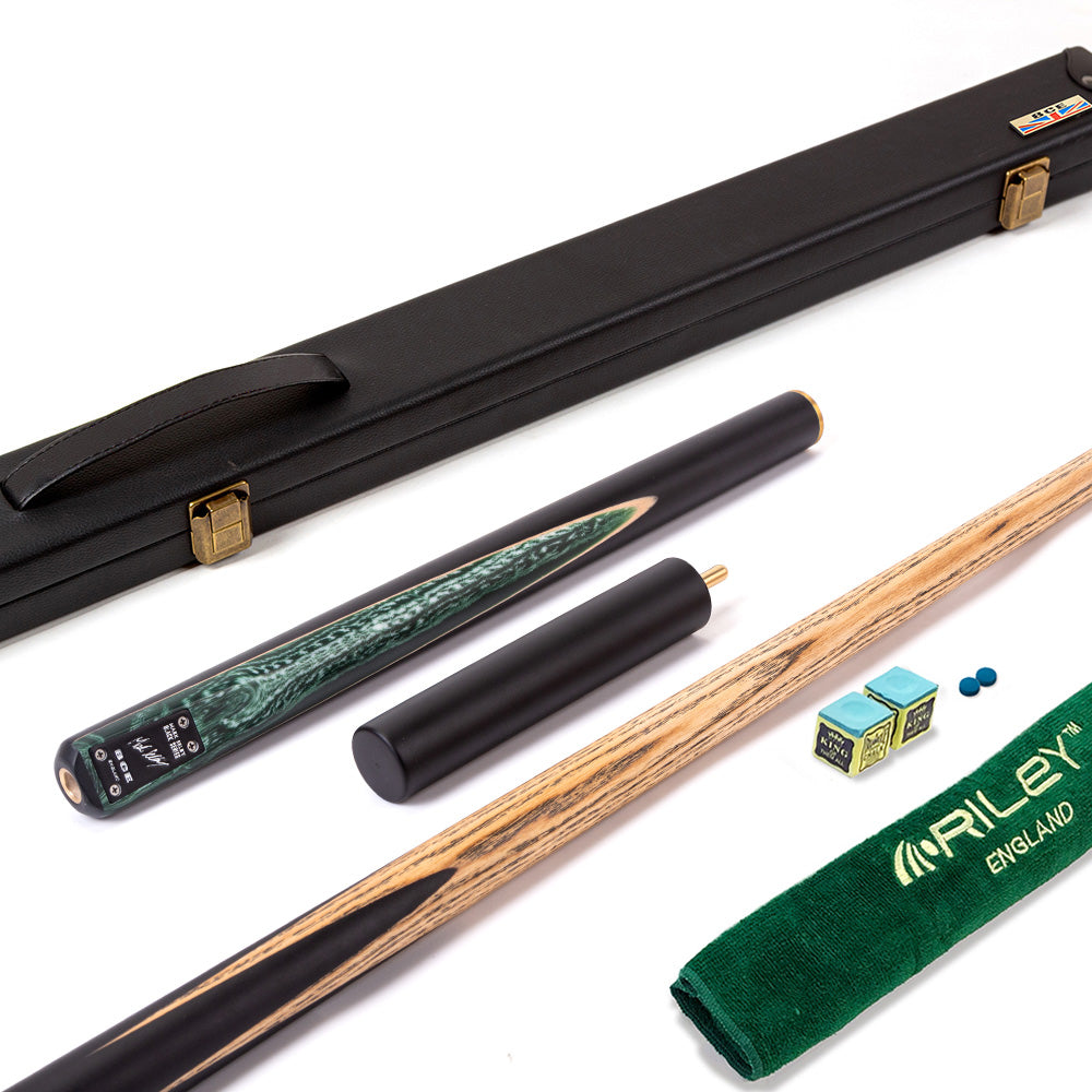 BCE Black Series - 3 Piece Snooker Cue - 3/4 Cut Cue - Layered Ebonised Black Wood Butt - 9.5mm Tip - 145cm - Black/ Green and White Marbleised Resin