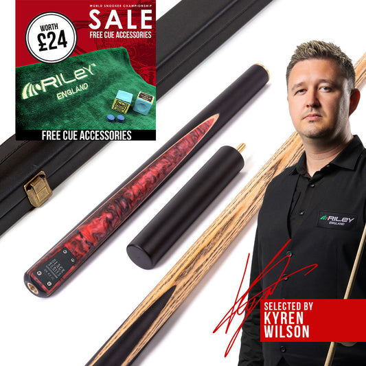 BCE Black Series - 3 Piece Snooker Cue - 3/4 Cut Cue - Layered Ebonised Black Wood Butt - 9.5mm Tip - 145cm - Black/ Red and Black Marbleised Resin